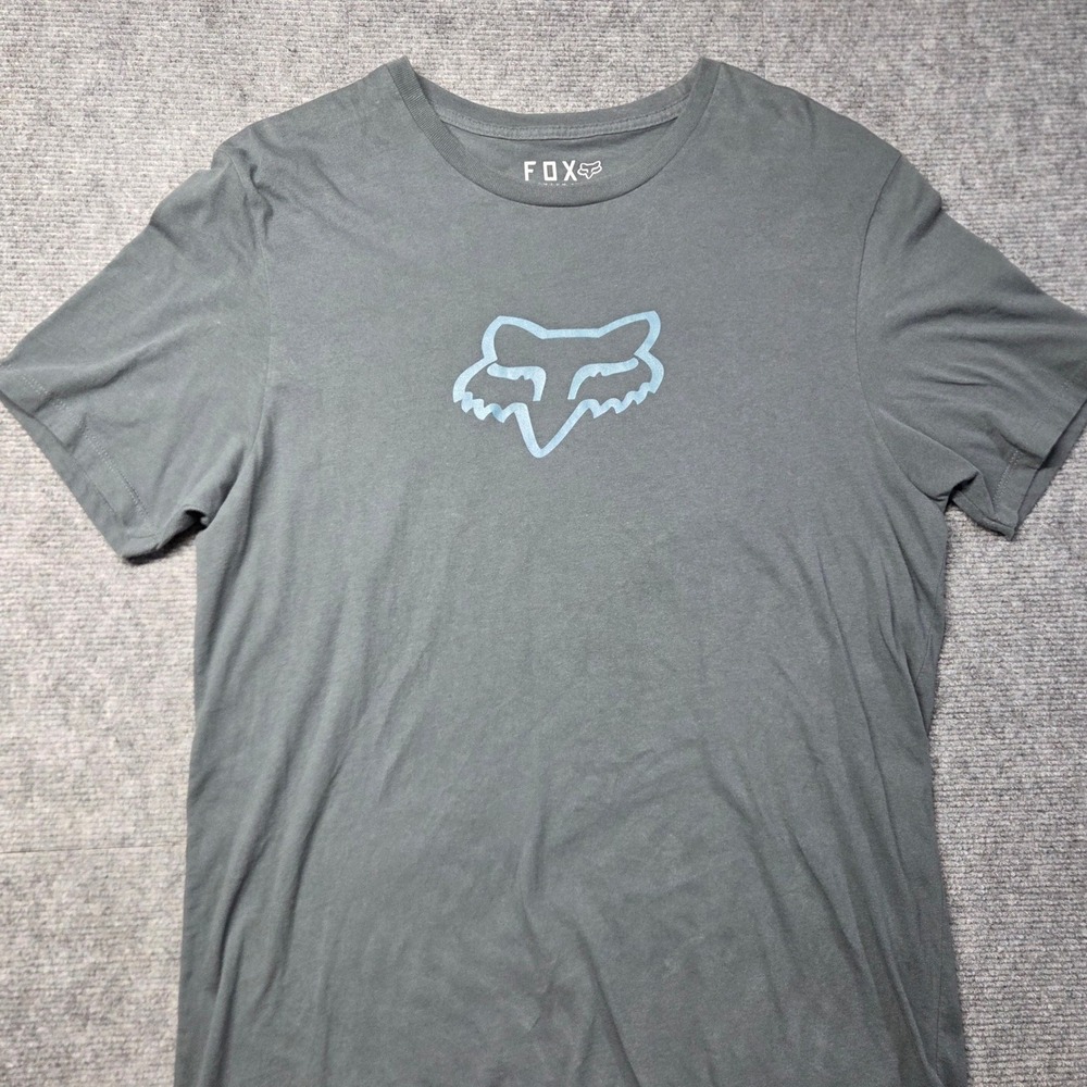 Fox Racing Mens TShirt Large Slim Fit Charcoal Blue Gray Premium Cotton Logo Tee